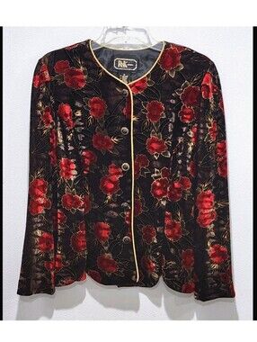 R&K Evening Velvet Floral Jacket Size Medium Red Black Gold Jewel Button Vintage